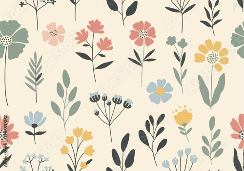 Soft botanical repeat with pastel colored flowers and fresh green leaves in airy layout