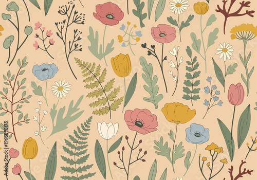 Romantic pastel floral design with scattered watercolor flowers in elegant repeating layout