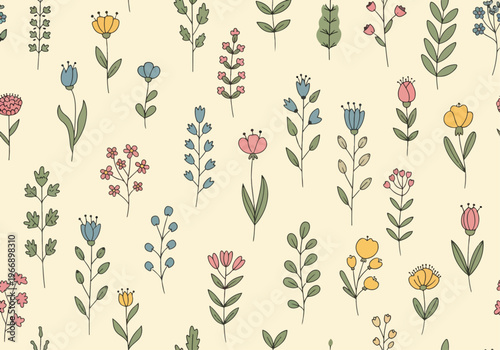 Soft pastel botanical pattern with charming flowers arranged in airy repeating composition