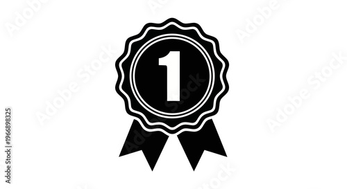 A black and white graphic of a rosette award ribbon with the number one on a plain background.