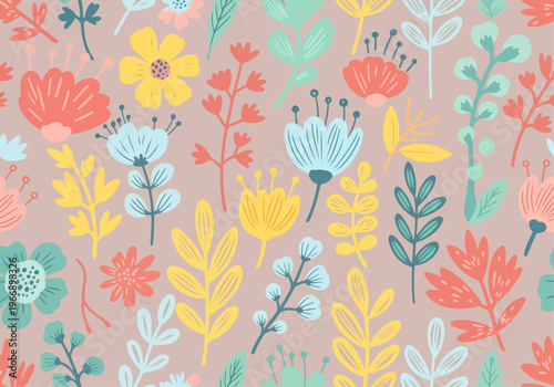 Elegant floral wallpaper design featuring scattered blooms and slender stems on light background