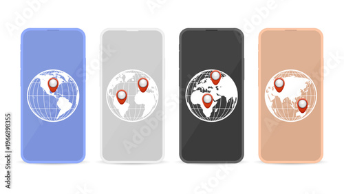 Smartphone Global Map with Location Pins, GPS Travel Navigation App Concept, World Globe Mobile Interface Vector