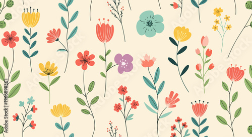 Bright and delicate flower pattern capturing essence of blooming meadow in gentle hues