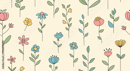 Seamless meadow pattern with blooming florals arranged in balanced and natural composition