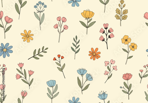 Lighthearted flower garden pattern with delicate stems and scattered blossoms in pastel tones