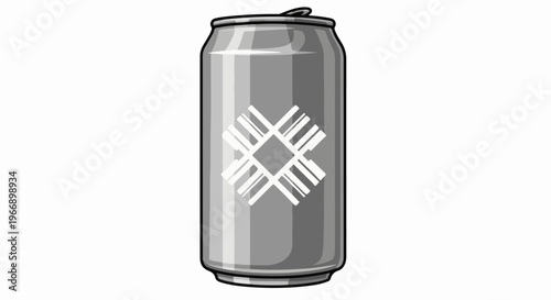 A stylized silver beverage can with a white geometric symbol