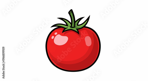A vibrant red tomato with a green stem and leaves, outlined in black