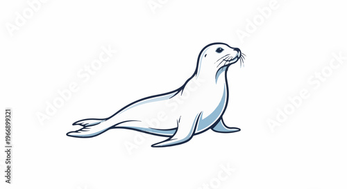 A white stylized seal sits, facing right, with blue outlines