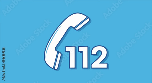 A white phone receiver graphic overlaying the number 112 on a blue background