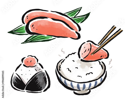 たらこ　ご飯とおにぎり　筆タッチ手描きイラスト