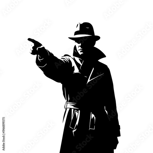 Silhouette of a Mysterious Man in Trench Coat Pointing Finger.