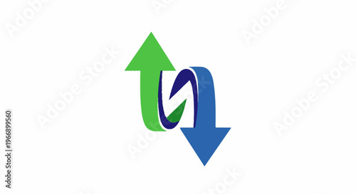 Green arrow up, blue arrow down, intertwined with blue curve