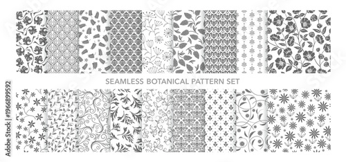 Seamless Vector Botanical Pattern Set Isolated On A White Background. Horizontally And Vertically Repeatable.