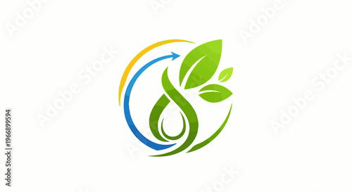 Green leaf and water drop with blue arrow and circular motion