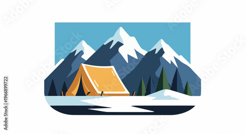 A yellow tent is pitched in a snowy mountain landscape with evergreens