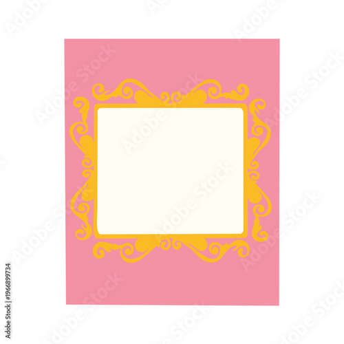 A vibrant pink and yellow ornate frame with a white center on a pink background