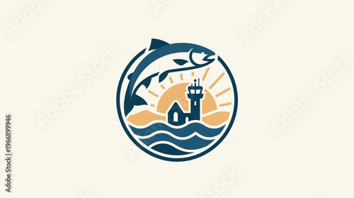 Salmon Jumping Above Lighthouse in Circle Logo