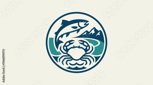 Salmon Crab and Mountain Landscape Logo Design