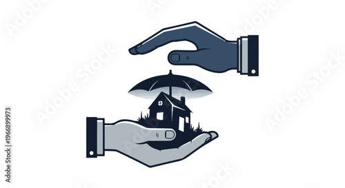 Hands protect house under umbrella from elements