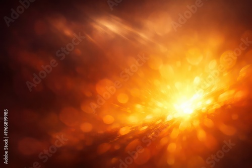 Golden bokeh light explosion background, abstract warm sunburst with glowing particles, cinematic orange fire and sun flare texture for creative design