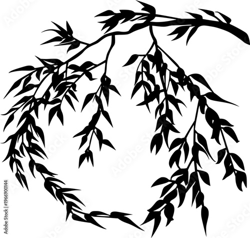 Silhouette of a Weeping Branch: A minimalistic, artistic representation of a weeping willow branch gracefully arching downwards, its leaves rendered in bold.