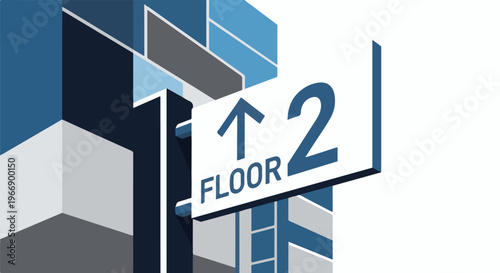 Abstract blue and grey geometric design with an upward arrow and "2 FLOOR" sign