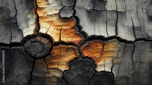 Close-up of charred wood texture, dark grey and black