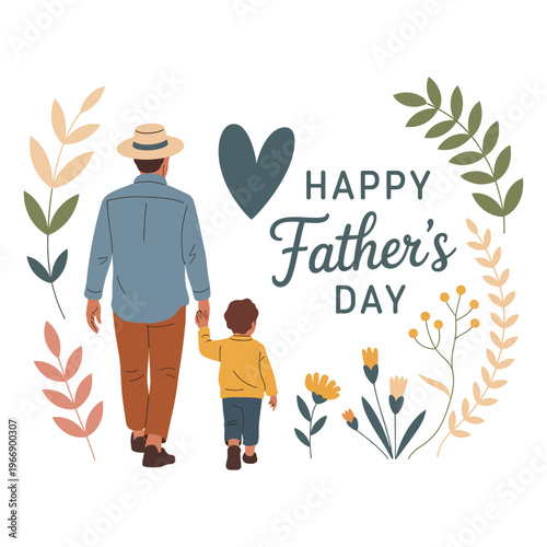 Father and son walking together hand in hand on happy father's day greeting card.