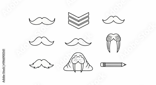 Collection of simple outline icons mustaches, walrus, chevron