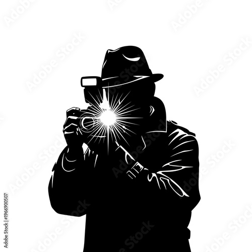 Silhouette of a photographer with a fedora taking a picture.