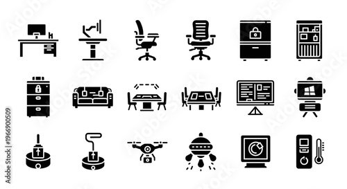 Collection of modern office and technology icons.