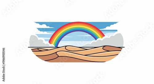 Arid desert dunes bask under a vibrant, multi-colored rainbow