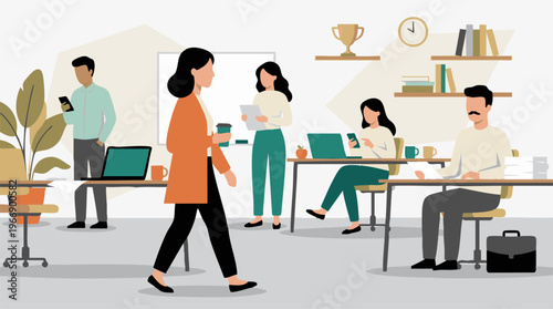 Modern office workplace scene with diverse professionals working productively