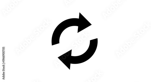 Black circular arrows rotating icon on white background