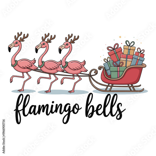 Flamingo bells christmas design with three flamingos pulling sleigh full of presents.