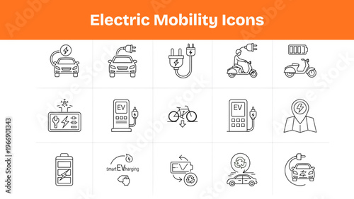 Electric Mobility Line Icons Set EV Car Charging Transport Outline Vector Pack