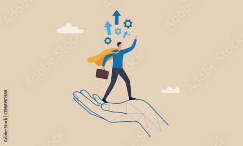 Support succeed in work, assist to new career opportunity, leadership or business growth concept, confidence businessman super hero in supported hand