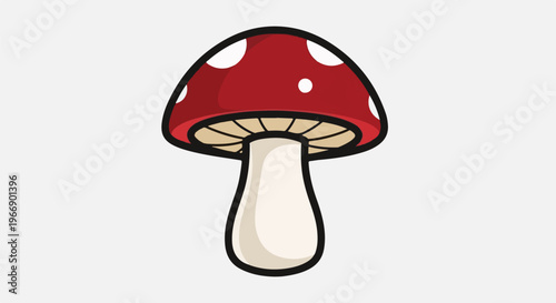 Cartoon mushroom with red cap and white spots on a white background