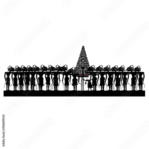 Silhouette of People Carrying Coffins with Christmas Tree.