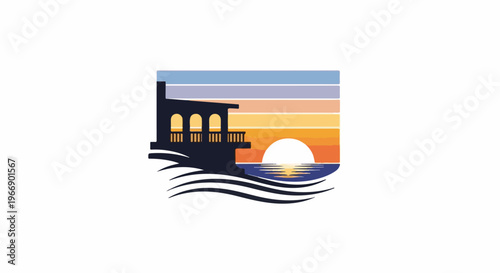 Silhouette of a balcony overlooking a sunset over water with waves