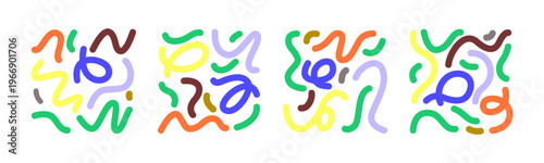 Colorful abstract squiggle pattern collection in a playful flat style. Bright organic shapes create a dynamic and expressive background, perfect for modern design, social media, branding