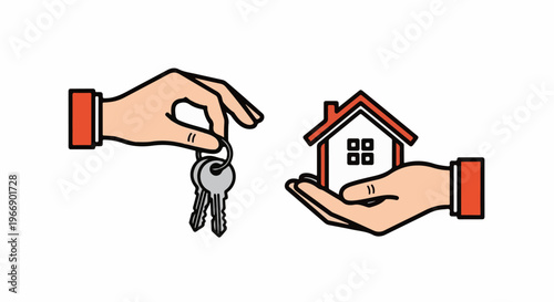 Hands exchange a house symbol and keys, representing real estate transactions