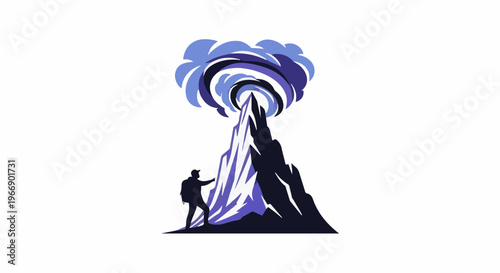 Hiker stands before a towering, jagged mountain under a swirling sky