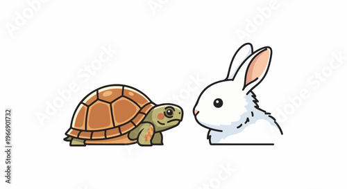 Adorable cartoon tortoise and rabbit face each other with cute expressions