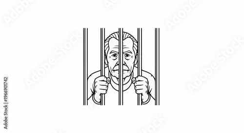 An old man with weary eyes looks out from behind jail bars