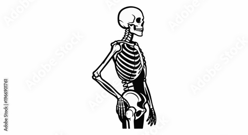 Black and white illustration of a human skeleton viewed from the side