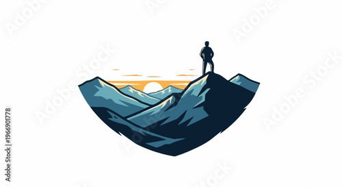 Hiker stands on mountain peak overlooking a sunrise over mountain ranges