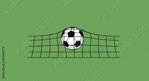 Black and white soccer ball caught in a black net against a green background