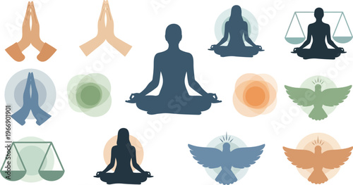 Silhouettes of people meditating and balance scales are arranged with abstract shapes and dove icons to represent inner peace.