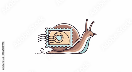 Cartoon snail with a postage stamp featuring a heart and speed lines